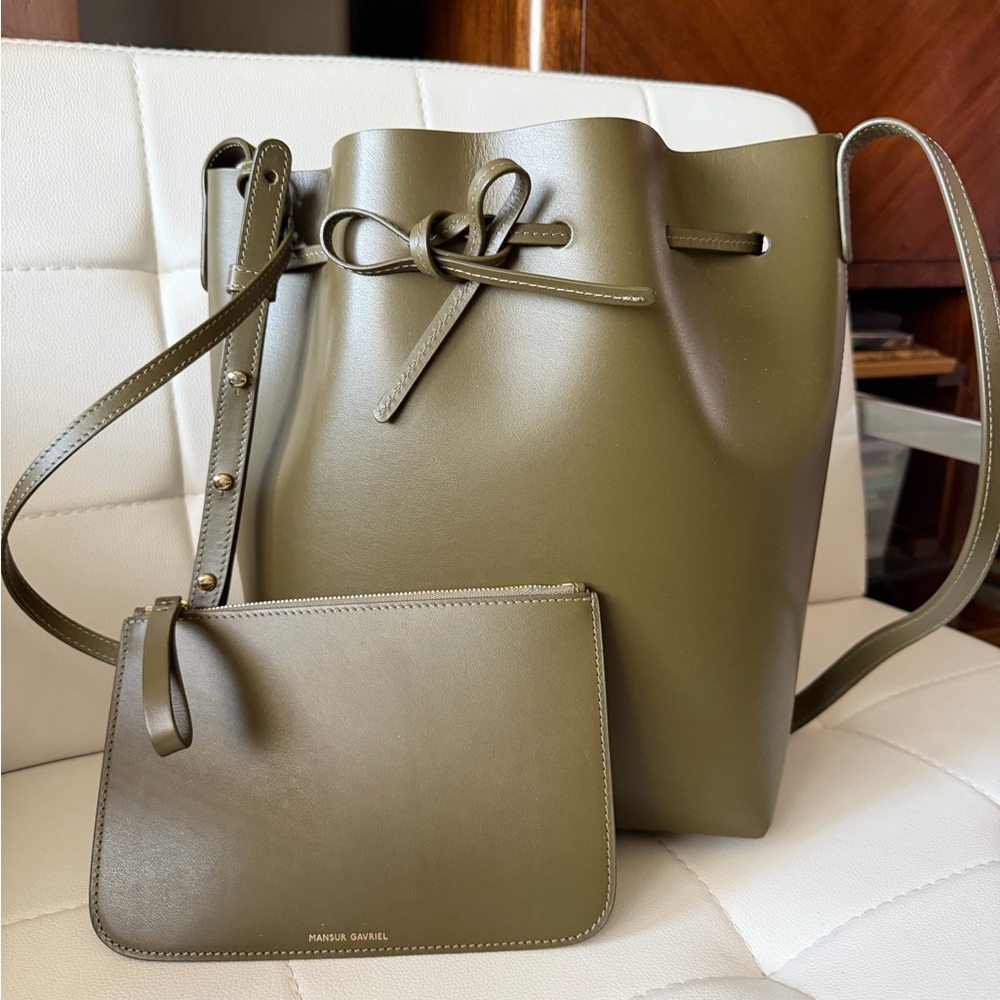 Mansur Gavriel Olive Leather Drawstring Bucket Bag with Pouch